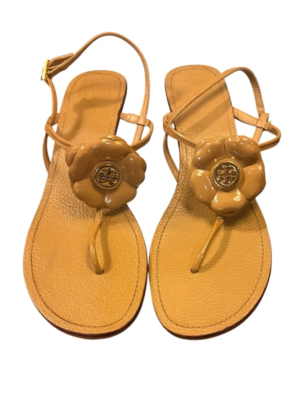 Tory Burch Shelby Flower Thong Wedge Sandals tan Leather gold Size 10.5 MSRP 328